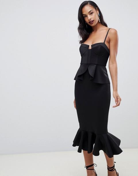 Vestido Midi Ajustado Con Detalle Guateado En Las Copas Y Sobrefalda De Asos Design Premium-negro