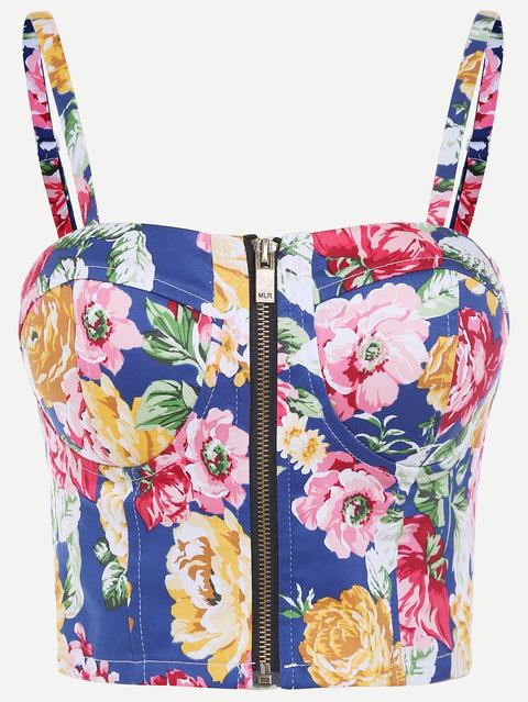 Blue Floral Print Zip Front Bustier Cami Top