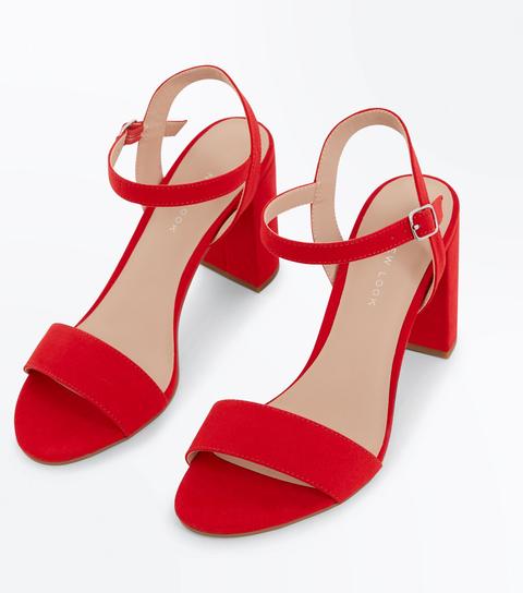 Red Suedette Block Heel Sandals New 