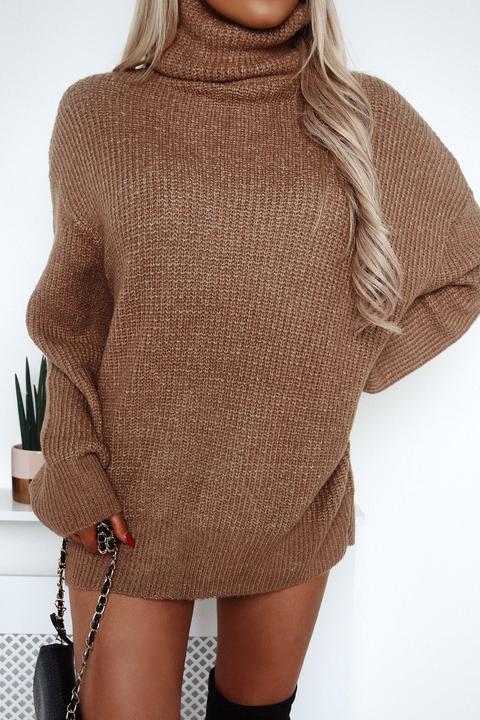 Camel Roll Neck Soft Knitted Jumper