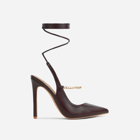 Ernasto Chain Detail Lace Up Pointed Toe Court Heel In Dark Brown Faux Leather, Brown