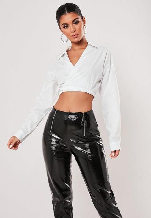 White Poplin Wrap Around Crop Shirt, White