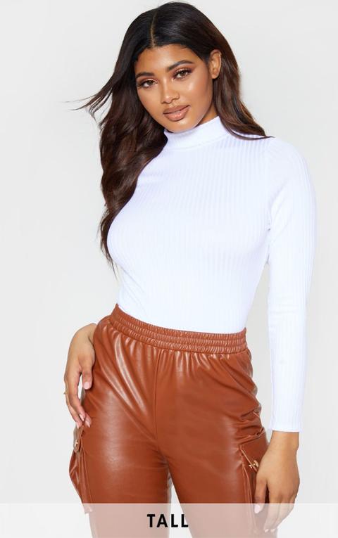 Tall White High Neck Ribbed Long Sleeve Crop Top