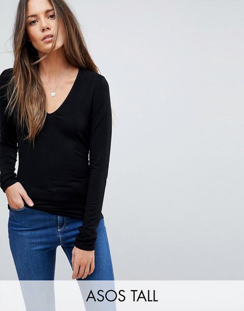 Asos Design Tall - Ultimate - Top A Maniche Lunghe Nero Con Scollo A V - Nero