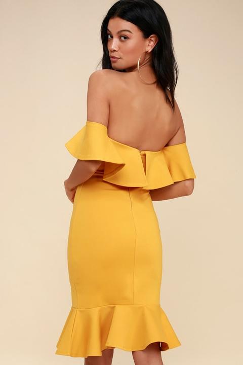 Confidence Boost Mustard Yellow Off-the-shoulder Bodycon Dress - Lulus
