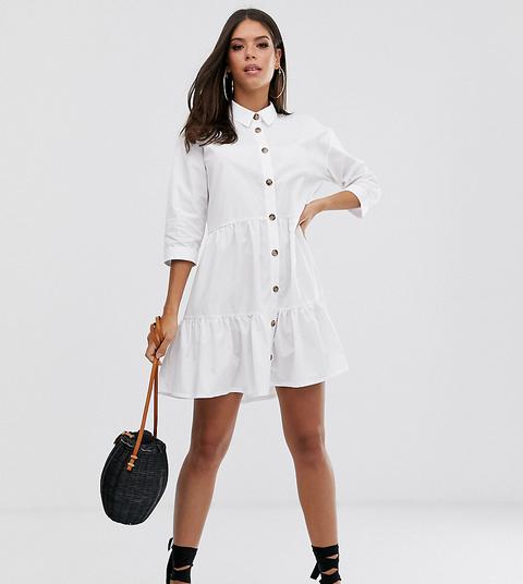 Asos Design Tall Button Through Tiered Mini Smock Dress In White