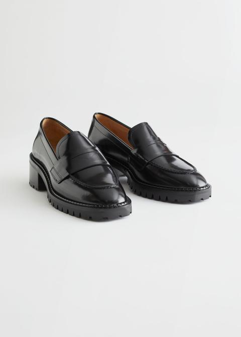 Heeled Leather Penny Loafers - Black
