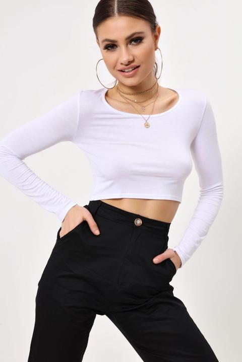 White Jersey Long Sleeve Crop Top