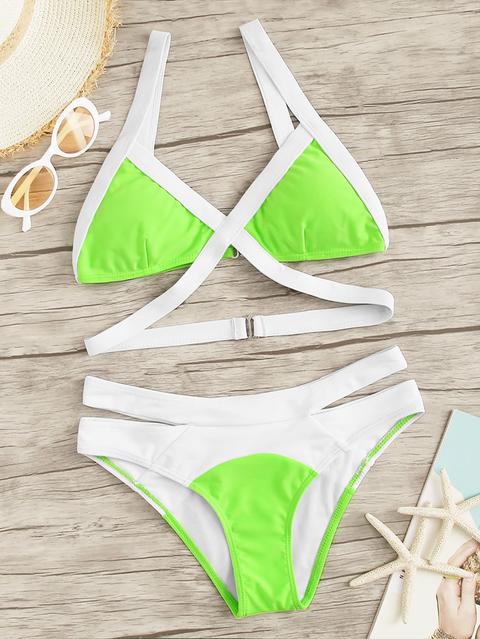 Set Bikini Top Trigangolo In Neon Con Bordo A Contrasto