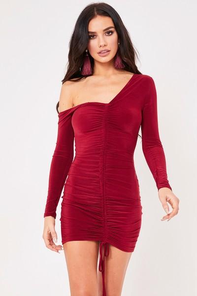 Deena Wine One Shoulder Slinky Ruched Mini Dress