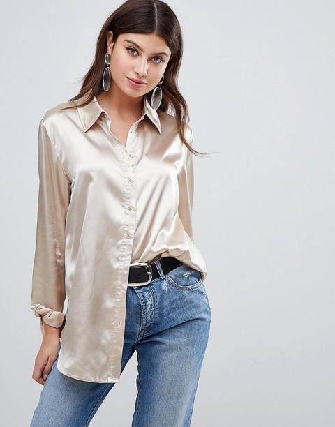 Prettylittlething - Camicia In Raso Champagne - Beige