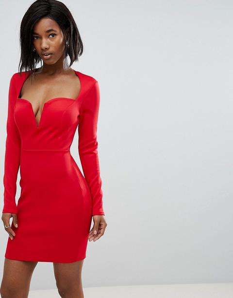 Club L - Vestito A Maniche Lunghe Longuette In Tessuto Scuba Con Stecche - Rosso
