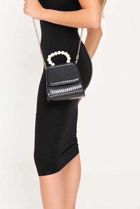 Black Croc Mini Bag With Pearl Handle