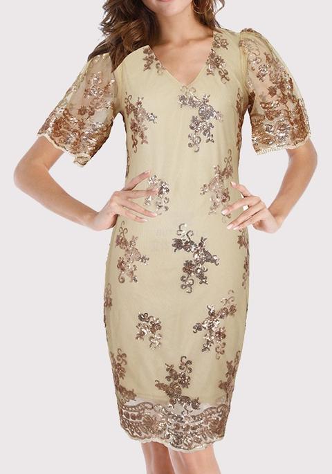 Maxi Dress Elegante Festa In Paillettes Con V-collo Champagne