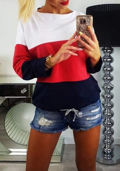 Multicolor Striped Drawstring Cut Out Tie Back Long Sleeve Casual Pullover Sweatshirt