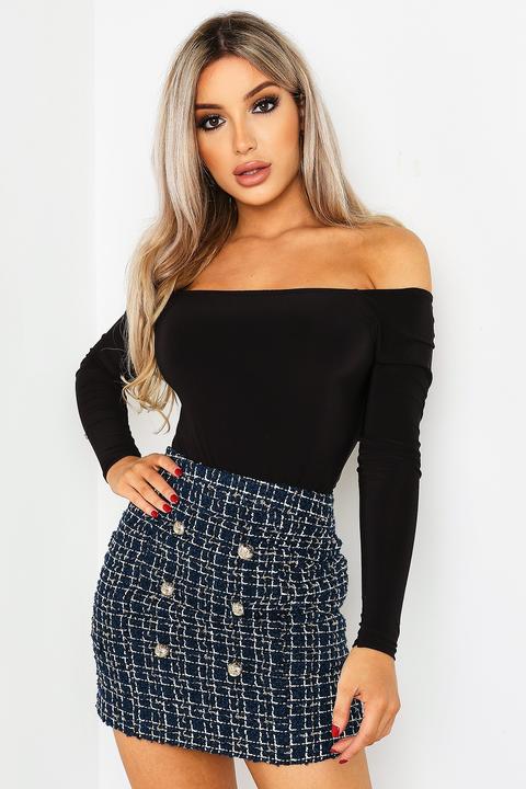 Navy Tartan Button Mini Skirt