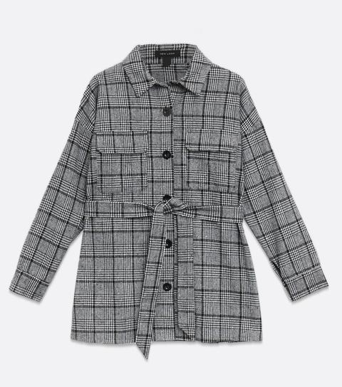 Black Check Tie Front Collared Shacket New Look