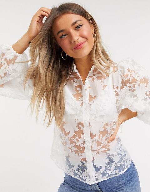 Outrageous Fortune Organza Puff Sleeve Sheer Shirt In White