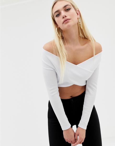 Asos Design Long Sleeve Cross Over Bardot Crop Top