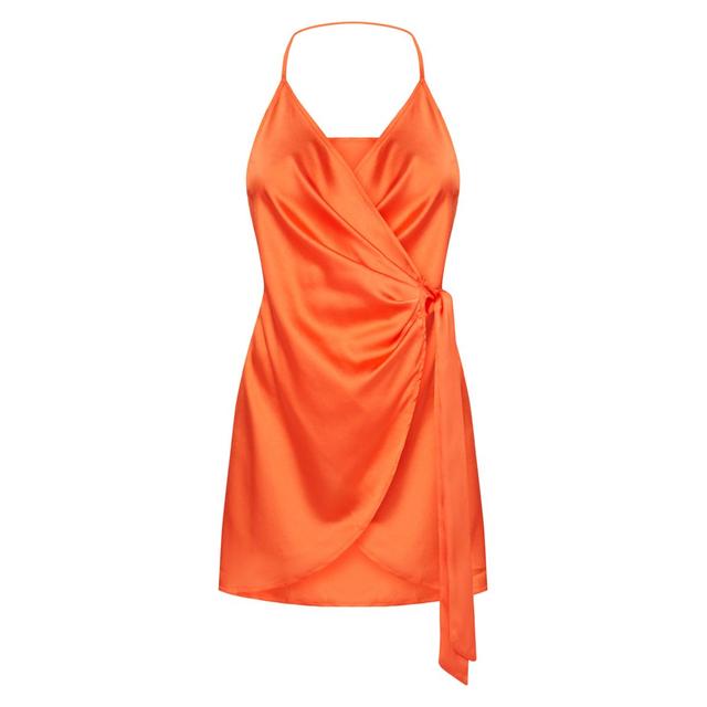 orange satin halterneck wrap bodycon dress
