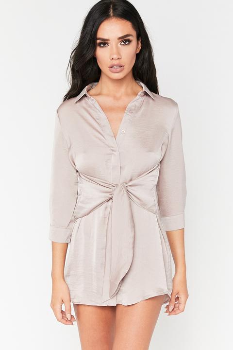 Daphne Mocha Satin Tie Front Shirt Dress