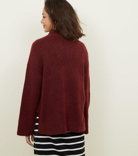 Burgundy Flared Sleeve Longline Jumper New Look