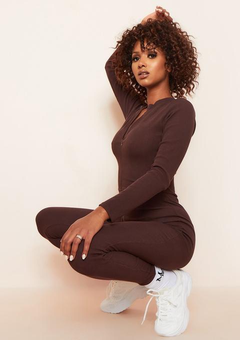 Elissa Chocolate Long Sleeve Plunge Zip Up Jumpsuit