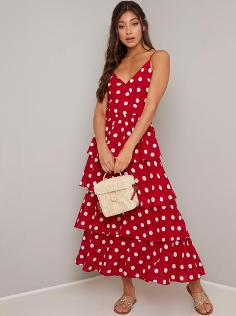 Spot Print Tiered Maxi Dress In Red