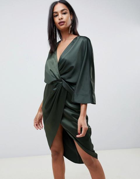 Asos Design Satin Kimono Midi Dress With Knot Front And Asymmetric Sleeve-green