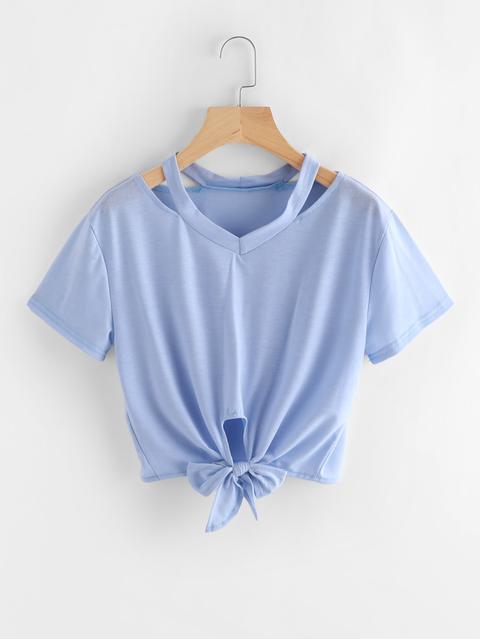 Cut Out V Neckline Knot Front Tee