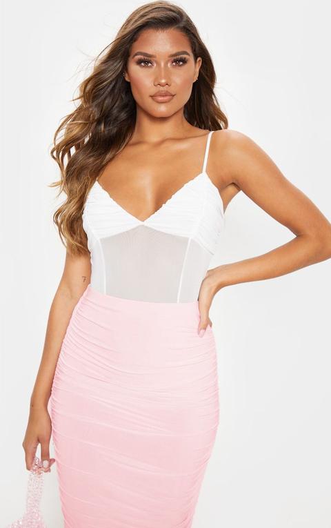 White Mesh Ruched Bust Bodysuit, White