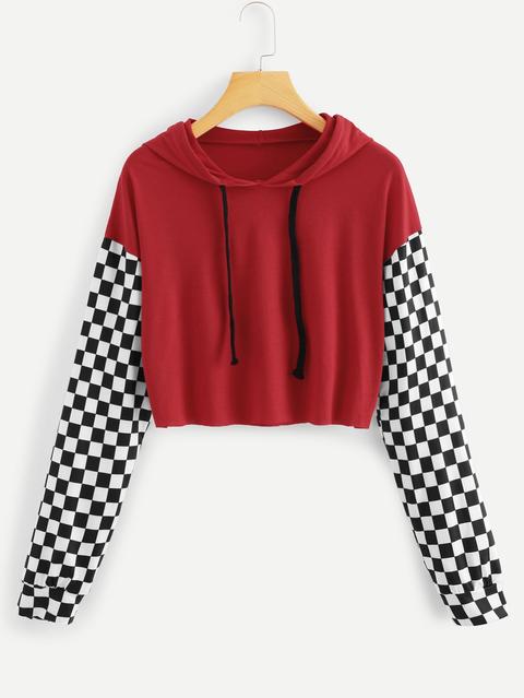 Gingham Panel Drawstring Hooded Tee