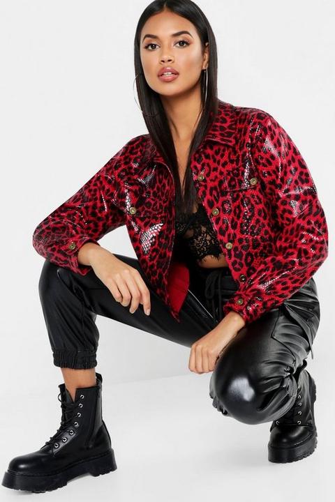 Pu Leopard Print Trucker Jacket