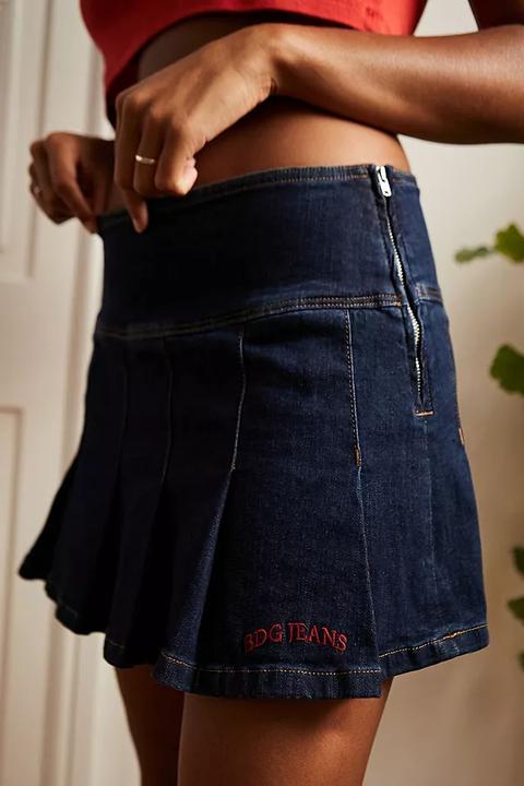 Bdg 00s Pleated Indigo Denim Kilt - S At Urban Outfitters