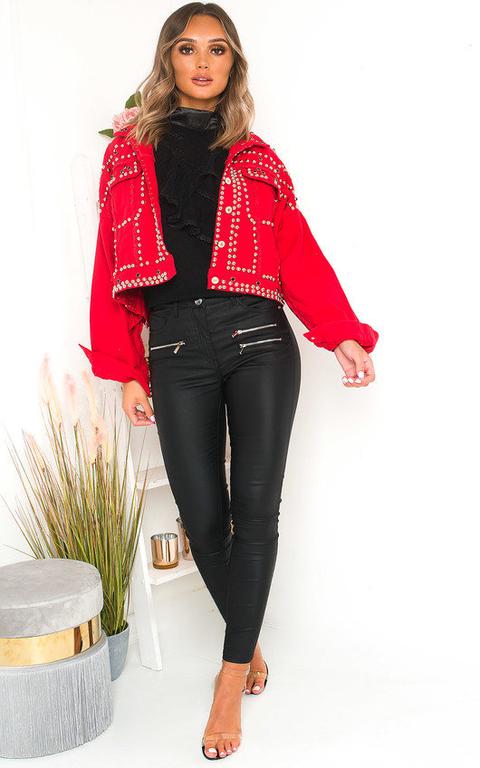 Henley Studded Embellished Denim Jacket In Red