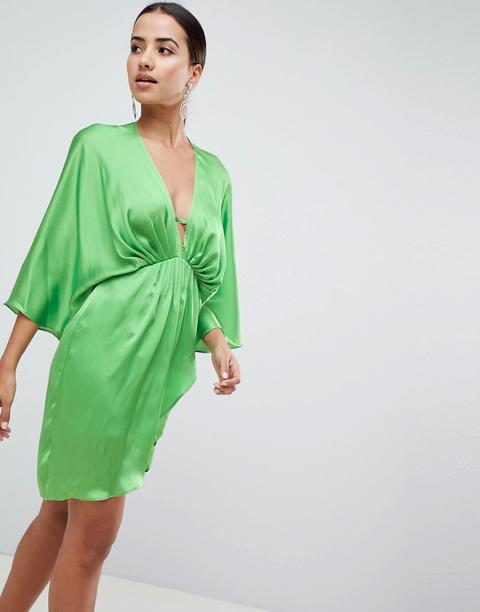 Asos Design - Vestitino A Kimono In Raso Con Scollo Profondo - Verde