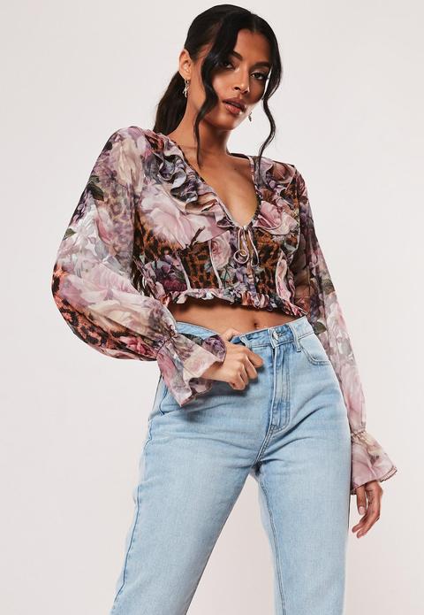 Pink Floral Leopard Print Chiffon Milkmaid Crop Top