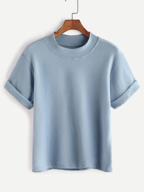 Blu Mock Neck Risvolto Tshirt