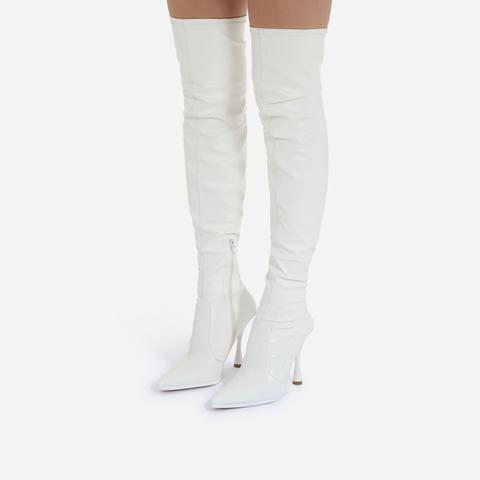 Melba Curved Heel Over The Knee Thigh High Long Sock Boot In White Faux Leather, White