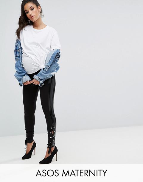 Asos Maternity - Leggings Stringati Con Pannelli In Vinile - Nero