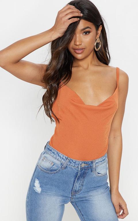 Burnt Orange Rib Cowl Neck Bodysuit