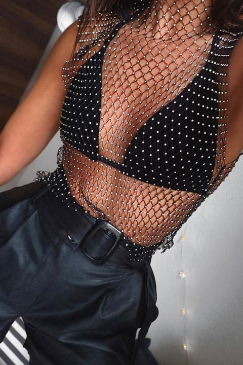 Black Diamante Crop Top