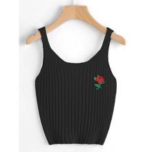 Tank Top De Canalé Con Parche Bordado De Rosa
