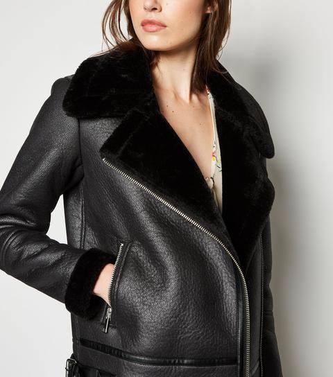 Black Leather-look Faux Fur Trim Aviator Jacket New Look Vegan