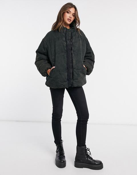 Asos Design Washed Canvas Puffer Jacket In Black