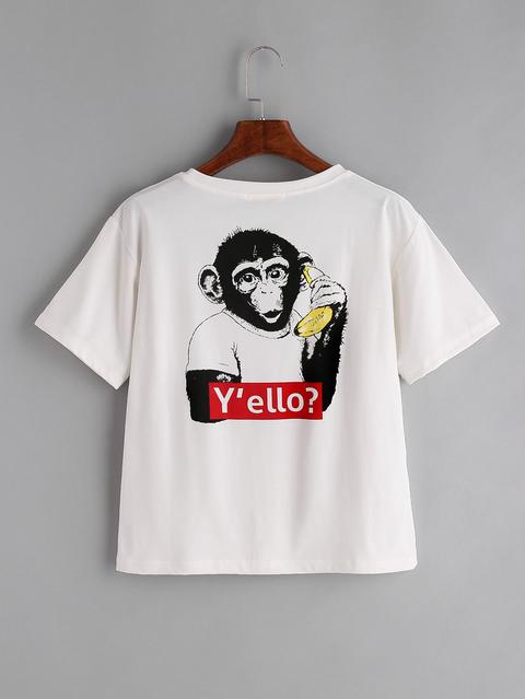T-shirt Bianca Da Stampa Scimmia Stampata