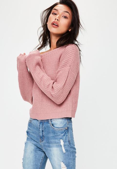 Pink Off Shoulder Cropped Knitted Jumper, Rose