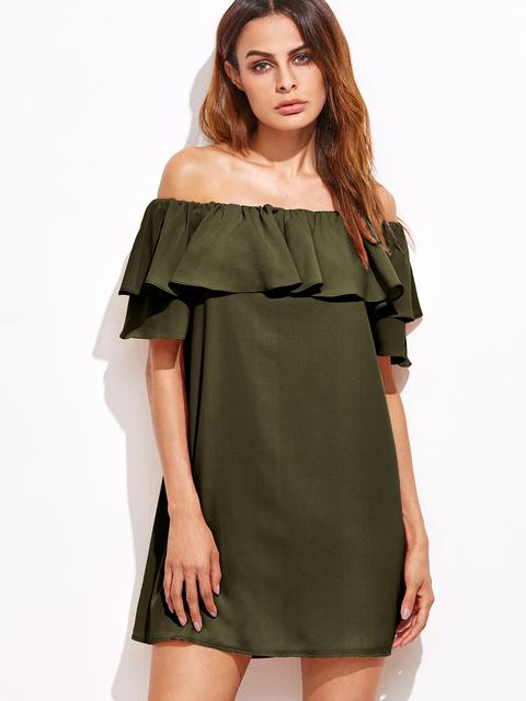 Vestido Con Hombro Al Aire Y Volantes Verde Militar