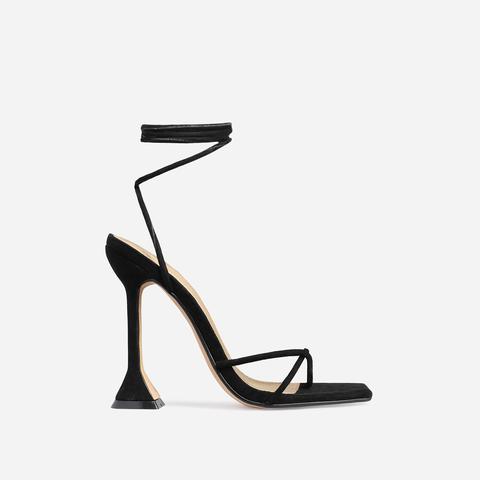 Emily Square Toe Lace Up Sculptured Heel In Black Faux Suede, Black