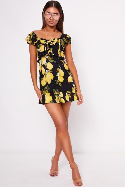 Carmen Black Lemon Print Frill Dress ...